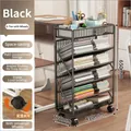 6-tier black rolling utility cart with slanted shelves for book storage and universal wheels - 6-Tier Rolling Bookshelf with Bar / Black