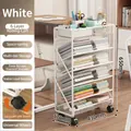 Modern white 6-tier slim rolling storage cart for books and office supplies organization - 6-Tier Rolling Bookshelf with Bar / White