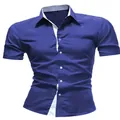 Men's stylish slim fit short sleeve shirt in deep blue with white contrast collar - S / Navy Blue and White