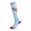 Light blue knee-high sports compression socks featuring a vibrant rainbow and cloud pattern - Rainbow