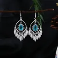 Vintage ethnic style silver earrings featuring blue teardrop stones and feather tassels - Silver Blue Style (E8776/Silver Blue)