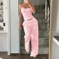 Casual two-piece pink set featuring a strapless tube top and drawstring wide-leg pants - XS / Pink