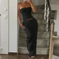 Women's black two-piece casual set featuring a strapless tube top and drawstring pants - XS / Black