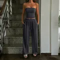 Stylish dark grey tube top and wide-leg trousers casual two-piece summer vacation set - XS / Dark Gray