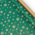 High-quality green Christmas kraft gift wrapping paper roll featuring gold snowflake patterns - Customized - Snowflakes on Green Background / Roll