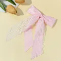 Süße rosa Spitzen-Schleifenbrosche mit elegantem langen Band im adretten Preppy-Stil - Rosa
