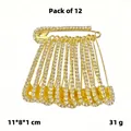 Lot de 12 épingles de sûreté dorées avec zircones pour ajuster la taille du pantalon - Forme J / Lot de 10 / Or / Zircone Blanche