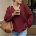 Casual burgundy V-neck long sleeve knit sweater for women for autumn and winter - XS / Burgundy