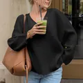 Elegant black V-neck long-sleeve knit sweater for women, casual street style outfit - XS / Black