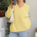 Elegant light yellow V-neck long-sleeve knit sweater for women, casual autumn style - XS / Light Yellow