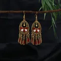 Vintage Bohemian ethnic teardrop chandelier earrings with red enamel tassels and antique gold finish - Red White Floral Tassel Style (E8773)