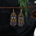 Vintage Bohemian ethnic oval gold earrings with blue tassel beads and enamel accents - Dark Light Blue Tassel Pendant Style (E8774)