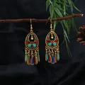 Vintage Bohemian ethnic style oval gold-tone earrings with colorful enamel tassels and beads - Red Blue Cyan Beaded Tassel Style (E8771)