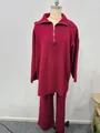 Red knitted two-piece lounge set featuring a half-zip sweater and straight-leg pants - S / Burgundy