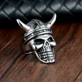 Vintage titanium steel viking horn skull ring for men with retro distressed finish - Size 14 / Steel