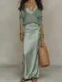 Elegant sage green knit sweater paired with a matching satin slip dress detail - XS / Single Dress / Sage Green Dress