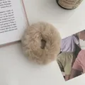 Soft beige plush hair scrunchie for women, elegant faux fur hair tie accessory. - Khaki
