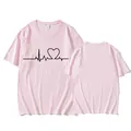 Close-up view of the minimalist pink heart line print on a casual round neck t-shirt - Pink