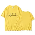 Detailed front and back views of a yellow T-shirt with a black heartbeat heart print - Yellow