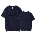 Detailed front and back view of a navy blue T-shirt with heartbeat heart print. - Navy Blue