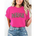 Leuchtend pinkes T-Shirt mit MAMA-Slogan im Leopardenmuster für Damen-Freizeitmode - M / Rosarot