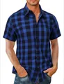 Chemise décontractée à manches courtes pour hommes à carreaux bleus et noirs chic - S / Carreaux Bleu et Noir