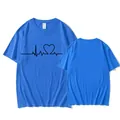 Casual blue short-sleeved T-shirt featuring a minimalist black heart heartbeat line print - Blue