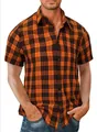 Chemise à manches courtes pour homme à carreaux orange et noirs, look décontracté - S / Carreaux Orange Noir