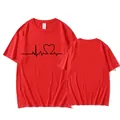 Minimalist red short-sleeved T-shirt featuring a black heartbeat heart line print - Red
