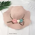 Women's pink foldable straw sun hat with colorful flower decorations for beach sun protection - M (56-58cm) / Light Pink