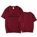 Burgundy short sleeve T-shirt with heart heartbeat line print for men and women - Dark Red