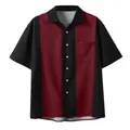 Men's stylish short-sleeved button-down shirt featuring burgundy and black color blocks. - Wine Red & Black