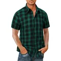 Stylish casual men's short sleeve green and black plaid button-down breathable shirt - Green & Black Plaid