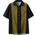 Stylish men's olive and black color-block casual short-sleeved button-down shirt. - Black Green Contrast