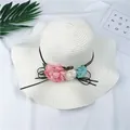 Elegant white summer straw sun hat with colorful flower accent and black ribbon bow. - M (56-58cm) / Milk White