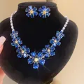 Parure de bijoux élégante fleurs bleues cristal collier et boucles d'oreilles femme - Ensemble Collier Boucles d'Oreilles Fleur Bleue Goutte d'Eau