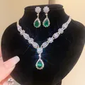 Detailed macro view showing the sparkling emerald green teardrop necklace and earrings set - White Water Drop Necklace Earring Set