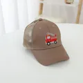 Brown children's mesh baseball cap featuring a red fire truck cartoon embroidery - 52-54 CM / Coffee