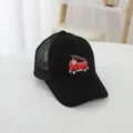 Children's black mesh baseball cap featuring a detailed red fire truck embroidery - 52-54 CM / Black