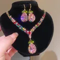 Luxurious court style jewelry set with pink teardrop crystal and colorful rhinestones - Multicolor Water Drop Hook Necklace Earring Set
