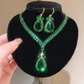 Elegant emerald green teardrop necklace and earrings jewelry set with vintage gold finish - Green Water Drop Hook Necklace Earring Set
