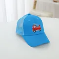 Detailed view of a blue mesh baseball cap for kids featuring fire truck embroidery - 52-54 CM / Blue