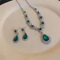 Elegant silver jewelry set with emerald green teardrop pendants and fine rhinestones - Dark Green Water Drop Necklace Earring Set