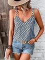 Elegant French style V-neck tank top with blue monogram pattern and chic chain straps - S / Teal