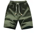 Breathable men's olive green linen cotton drawstring shorts for summer beach wear - Green