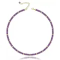 Detailed macro view of purple natural stone bead necklace featuring golden spacers - Amethyst Heishi Necklace