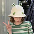 Cute cream frog-themed bucket hat with 3D eyes and feet for women's summer sun protection. - Adjustable / Off White