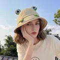 Cute beige bucket hat with 3D frog eyes for summer sun protection - Adjustable / Khaki