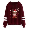 Festive Christmas reindeer print burgundy hoodie for women, casual long sleeve sweatshirt - Burgundy