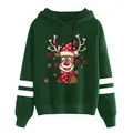 Women's Christmas reindeer print green hooded sweatshirt with sleeve stripes style - Dark Green